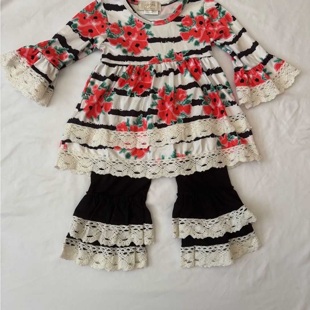 Floral Striped Dress with Lace Trim and Ruffle Pants NWOT!